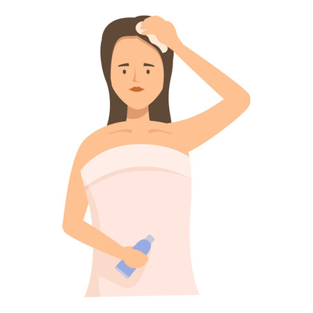 Young woman is holding a beauty product and applying it to her face after taking a showerのイラスト素材