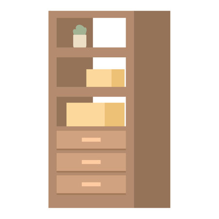 Tall wooden storage cabinet with shelves and drawers standing against wallのイラスト素材
