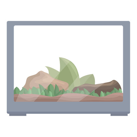Glass terrarium with substrate, rocks, and plants inside, ready for a pet to inhabitのイラスト素材