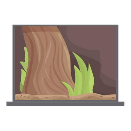 Glass terrarium with a natural substrate, plants, and a tree trunk, creating a suitable environment for reptilesのイラスト素材