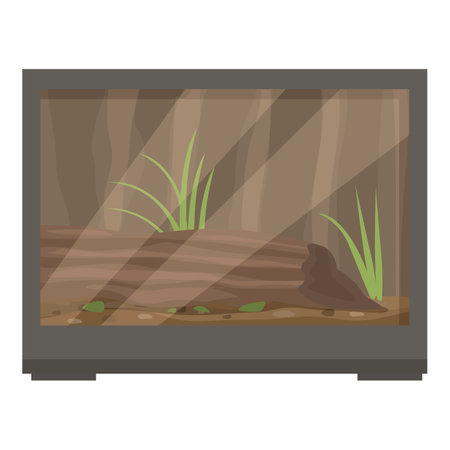 Terrarium with substrate, wooden log, and grass growing inside, simulating a natural habitatのイラスト素材