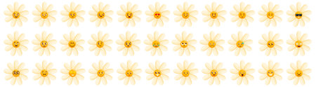 Chamomile smile icons set. Big set of yellow daisy flowers with different emotions expressing different feelings such as joy, sadness, anger, love, surprise and moreのイラスト素材