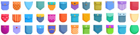 Patch pocket icons set. Large set of various colorful pockets with buttons and seams for tailors and clothing designersのイラスト素材