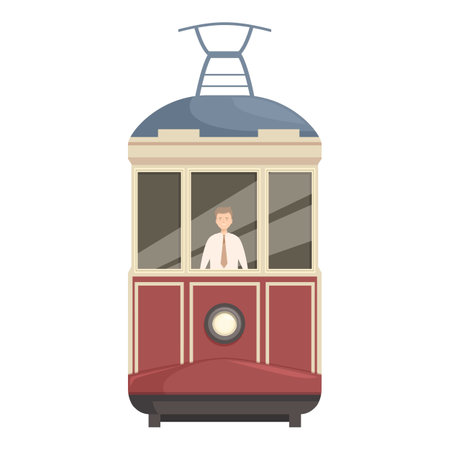 Tram driver looking out of front window driving a red tramのイラスト素材