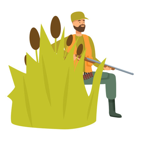 Hunter is hiding in the reeds, holding his rifle and waiting for preyのイラスト素材