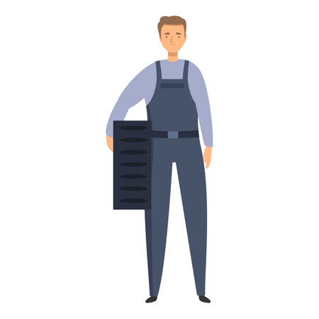 Mechanic in overalls is holding a tire, ready to start workingのイラスト素材