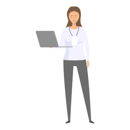 Young smiling woman standing and holding laptop, business character at workのイラスト素材