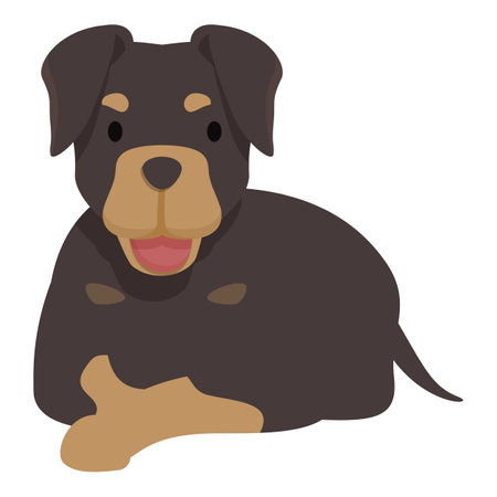 Happy rottweiler puppy dog with short tail lying down, resting, and panting, in cartoon styleのイラスト素材