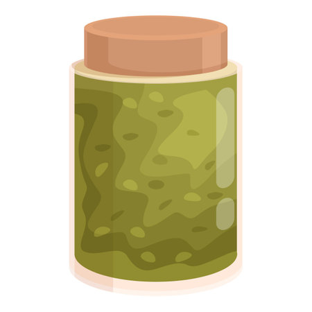 Glass jar filled with green pesto sauce with wooden lid, isolated on a white backgroundのイラスト素材