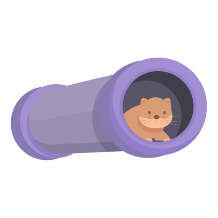 Playful cat is having fun crawling through a purple tunnel, perfect for illustrating pet products or animal careのイラスト素材