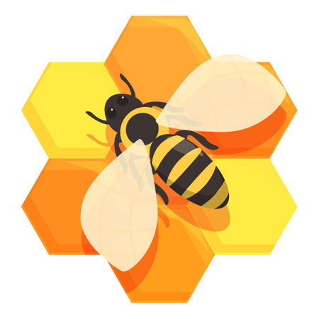 Cartoon bee is flying over a honeycomb structure, producing healthy organic honeyのイラスト素材