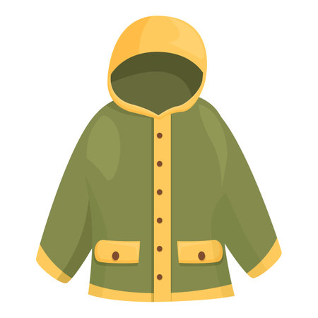 Green raincoat with yellow hood protecting from cold and rain, perfect for hiking and outdoor activitiesのイラスト素材