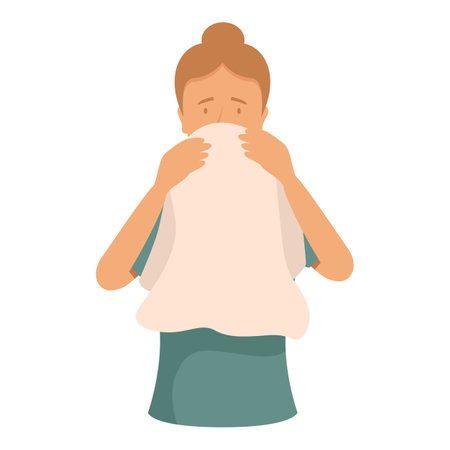 Young woman is covering her mouth with a cloth, possibly feeling unwell or experiencing nauseaのイラスト素材
