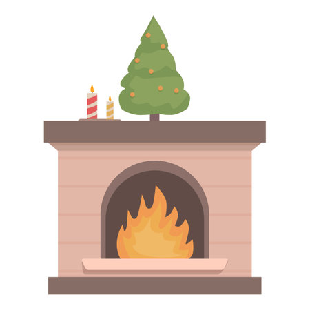 Fireplace providing warmth with a christmas tree standing on the mantelpieceのイラスト素材