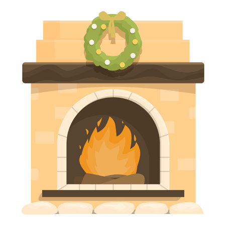 Cozy fireplace burning brightly with a christmas wreath hanging on the mantel, creating a warm and inviting atmosphere for the holiday seasonのイラスト素材