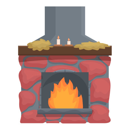 Cozy stone fireplace is burning brightly, providing warmth and comfort on a cold dayのイラスト素材