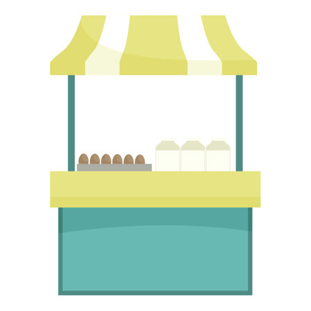 Street food stall with striped awning selling fresh eggs and milk in bottlesのイラスト素材