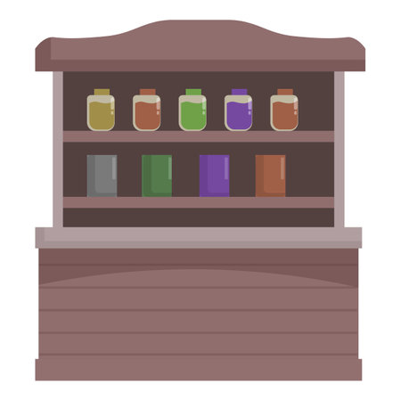 Sturdy wooden market stall showcasing a variety of colorful products in glass jars and containersのイラスト素材