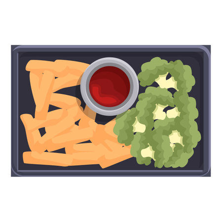 Tray is holding fried potatoes, broccoli and a small bowl of tomato sauceのイラスト素材