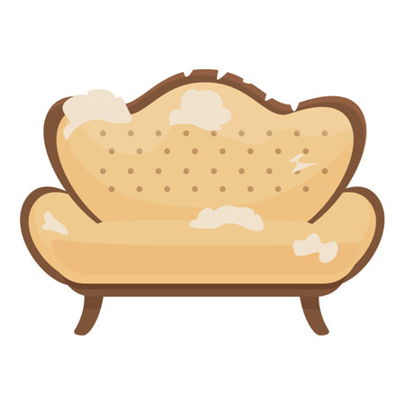 Old damaged sofa with torn upholstery, spots, scratches, and stains, in need of repair or cleaningのイラスト素材