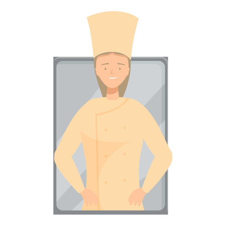 Young chef is posing with her hands on her hips, smiling confidently in a kitchen windowのイラスト素材