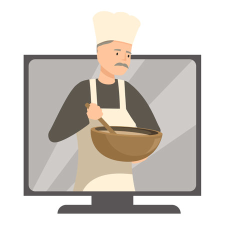 Senior chef holding wooden bowl and mixing food on tv screen, online culinary course conceptのイラスト素材
