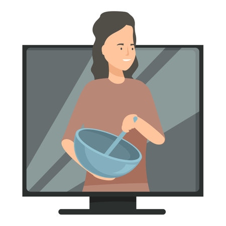 Woman is mixing ingredients in a bowl on a television screen, suggesting online cooking classes or entertainmentのイラスト素材