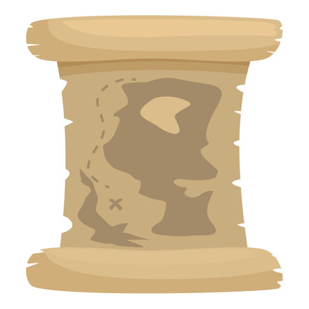 Old treasure map is unrolled, revealing a hand drawn map with a dotted line leading to buried treasure marked by an xのイラスト素材