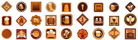 beer coaster icons set. Set of beer coasters with glasses, bottles, mugs, barrels and wheat for brewery, pub or oktoberfestのイラスト素材