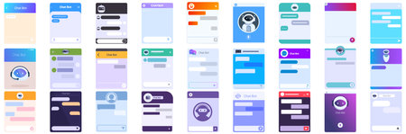 Bot window icons set. Set of messenger app screens showing chat bot windows with different color themes and conversation stagesのイラスト素材