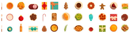 christmas table top view icons set. Christmas dinner table setting with all the trimmings being served for a festive family celebrationのイラスト素材