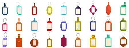 Luggage tag icons set. Diverse collection of luggage tags showcasing a variety of shapes, colors, and designs, perfect for travel and identification purposesのイラスト素材