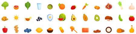 Boost immune icons set. Immune system boosting food icons set, healthy diet infographic with vitamins and mineralsのイラスト素材