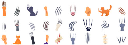 cat scratch icons set. This set features various illustrations of cat scratching claws marks, including an angry pet and injured body partsのイラスト素材
