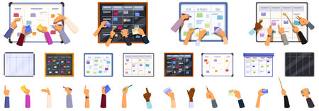 Scrum board icons set. Project managers writing on scrum task board, agile team working, software development planning icons setのイラスト素材