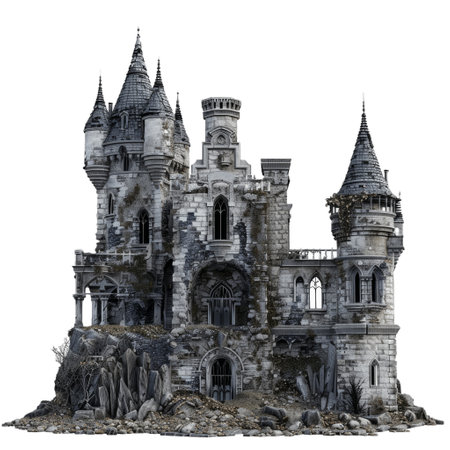Detailed illustration of a fairy tale castle with towers and turrets, isolated on a transparent backdropの素材