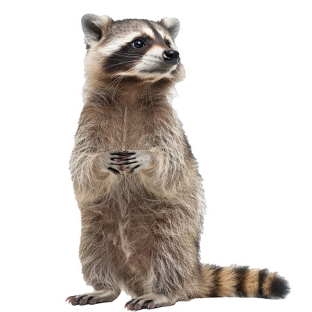Adorable standing raccoon with curious nature and furry. Striped tail. Isolated on transparent background. Perfect for wildlife and nature themed designs high resolution stock imageの素材
