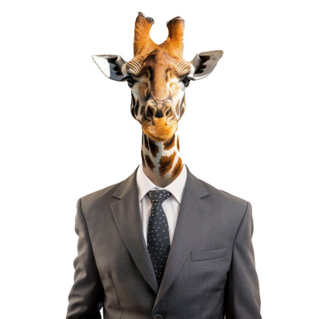 Surreal digital composite of a giraffe head on a businessmans body against a checkered backdropの素材