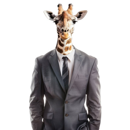 Surreal composite concept of a businessman giraffe with the head of an animal and the body of a human wearing a formal business suit. Standing in a professional and elegant pose. Humor. And uniquenessの素材