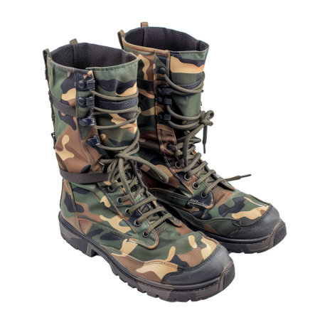Pair of camo patterned combat boots, lace up footwear for soldiers on a checkered backdropの素材