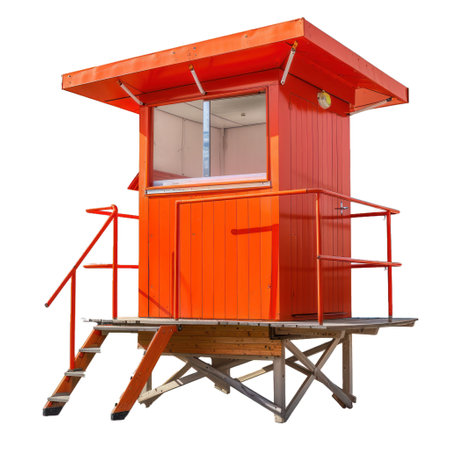 Vibrant red lifeguard tower with stairs on a transparent background, suitable for safety themesの素材