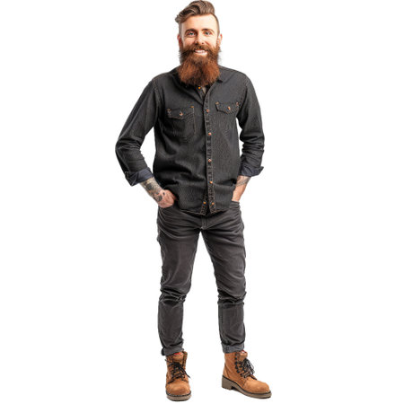 Confident, hip young man with a beard poses in casual fashion attire, isolated with a transparent backgroundの素材