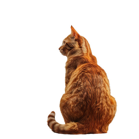 Rear view of a ginger tabby cat sitting, with a clean transparent cutout backgroundの素材