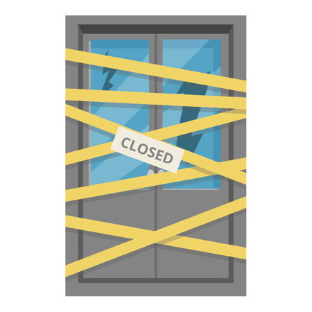 Illustration of a closed shop door, showing broken glass and caution tape, illustrating the concept of bankruptcyのイラスト素材