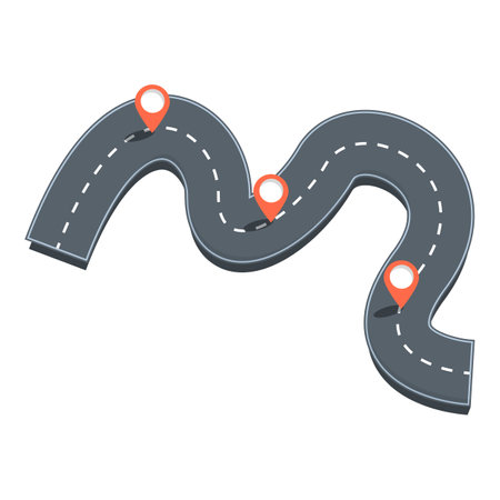 Winding road with location markers showing route to destinationのイラスト素材
