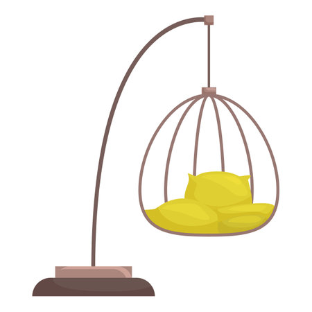 Brown hanging egg swing chair with yellow pillows for relaxing on terrace, modern furniture for summer leisureのイラスト素材