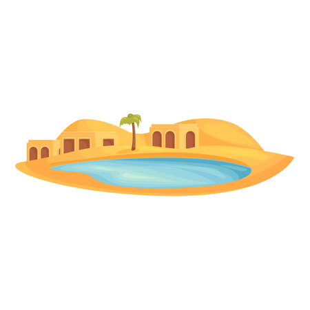 Oasis with a lake surrounded by sand dunes and traditional buildings in a flat cartoon styleのイラスト素材