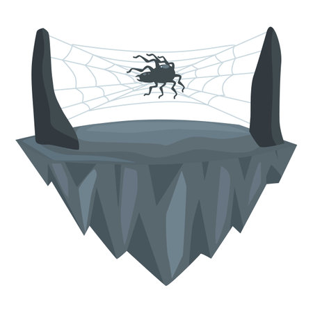 Giant black spider is building its cobweb on a floating rock islandのイラスト素材