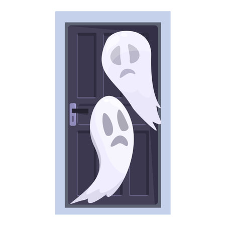 Two white cartoon ghosts with sad faces hiding behind a wooden doorのイラスト素材