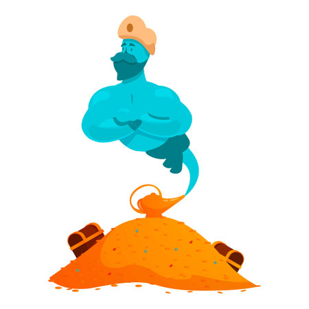 Blue genie is emerging from a magic lamp on a pile of gold coins with treasure chestsのイラスト素材